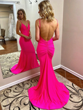 V Neck Hot Pink Mermaid Long Prom Dresses, Hot Pink Mermaid Formal Evening Dresses HZ1023