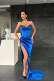 Royal Blue V Neck Mermaid Prom Dress Split With Sequins HZ1023
