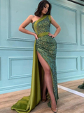 Simple One-shoulder Side Slit Mermaid Sequin Prom Dresses HZ1023