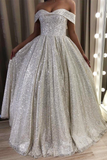 Glitter Off the Shoulder Silver Sequins Evening Dress HZ1023