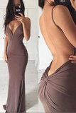 Sexy Sheath Sweep Train Deep V Neck Sleeveless Backless Long Prom Dress HZ1023