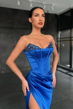 Royal Blue V Neck Mermaid Prom Dress Split With Sequins HZ1023