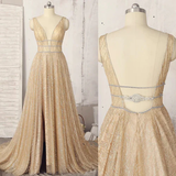 A-line Deep V-neck Sleeveless Sequins Floor-length Prom Dresses, Long Evening Dresses HZ1023