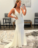Beading White V-neck Mermaid Prom Dress HZ1023