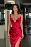 Burgundy velvet strapless mermaid ball gown sleeveless long slit HZ1023