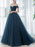 Simple blue off shoulder long prom dress, v neck tulle bridesmaid dress HZ1023