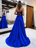 Blue v neck satin lace long prom dress, blue evening dress HZ1023