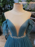 BLUE ROUND NECK TULLE SEQUIN LONG PROM DRESS, BLUE EVENING DRESS HZ1023