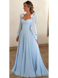 Sky Blue Long Chiffon Prom Dresses With Sleeves Formal Dresses HZ1023