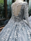 Romantic light grey long sleeve floral long lace applique wedding dress prom dress evening gown HZ1023