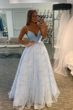 Sparking Lace Spaghetti Straps A line Prom Dresses, Long Prom Dress HZ1023