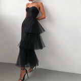 Sexy Satin Black/White Evening Dress Mermaid Strapless Tiered Off Shoulder Sleeveless Girl Formal Prom Dress HZ1023