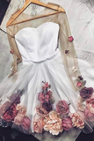 Pink V-Neck 3D Applique Short Prom Dress Long Sleeves Homecoming Dress HZ1023