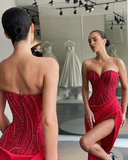 Classic Red Sweetheart Mermaid Prom Dress Split Long With Beadings HZ1023