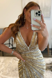 Sparkly Golden V-Neck Sequins Long Prom Dress HZ1023