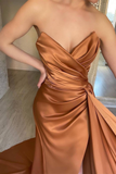 Sleeveless Mermaid Brown Sweetheart Prom Dress Split With Ruffles HZ1023