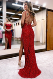 Sheath Spaghetti Straps Burgundy Sequins Long Prom Dress with Tassel HZ1023