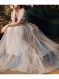 A-Line Prom Dresses Color Block Dress Wedding Party Floor Length Half Sleeve Scoop Neck Tulle with Pleats Ruffles HZ1023