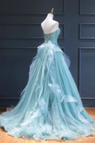 Green Lace Tulle A-Line Long Formal Dress, Green Strapless Evening Dress HZ1023