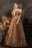 Champagne shiny elegant layered long tulle ball gown evening dress HZ1023