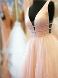 A Line Deep V Neck Ball Gown Prom Dresses Open Back White Evening Dresses HZ1023