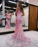 Sparkly Mermaid Sweetheart Pink Sequins Long Prom Dresses HZ1023