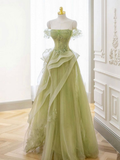 A-Line Off Shoulder Tulle Lace Long Prom Dress, Long Graduation Dress HZ1023