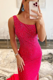 Red One Shoulder Beaded Mermaid Long Prom Dress HZ1023