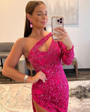 One Shoulder Fuchsia Beading Lace Mermaid Prom Dress with Long Sleeves HZ1023