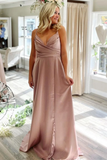 A Line V Neck Red/Pink/Blue Long Prom Dresses with Pocket, V Neck Red/Pink/Blue Formal Graduation Evening Dresses HZ1023