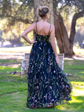 V-neck Spaghetti Straps Applique Tulle Floor Length Prom Dress HZ1023