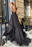 Shiny Tulle V Neck Open Back Black Long Prom Dresses with High Slit, Sparkly Black Tulle Formal Graduation Evening Dresses HZ1023