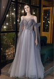 Gray Blue Prom Dress Stunning Glitter Tulle Bridesmaid Dress Long Tulle Sleeves Graduation Dress Illusion Evening Dress Floor Length HZ1023