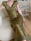 Summer Elegant Women Satin Backless Short Sleeve Lace Sexy Bandage Vintage Bodycon Vestidos Female Fashion Robe New Prom Dress HZ1023
