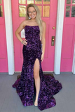 Burgundy Sequin Strapless Mermaid Long Prom Dress HZ1023