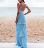 Blue simple fashion elegant V-neck layered chiffon charming long backless ball gown evening dress party dress HZ1023