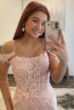Blushing Pink Mermaid Off-the-Shoulder Applique Long Prom Dress with Slit HZ1023