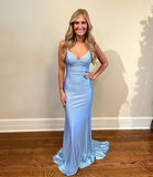 Cute Mermaid V Neck Light Blue Satin Prom Dresses with Beading HZ1023