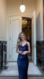 Navy Blue Simple Elegant Satin Prom Dress Long Party Dress Formal Evening Dress HZ1023