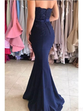 Sweetheart Lace Appliques Mermaid Prom Dress, Navy Long Bridesmaid Dress HZ1023