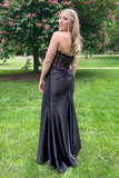 Sexy Mermaid Scoop Neck Black Satin Long Prom Dresses with Slit HZ1023