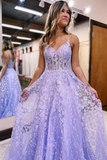 A Line Spaghetti Straps Lilac Corset Prom Dress with Appliques HZ1023