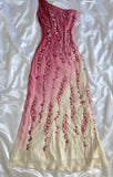 Pink fashion elegant one shoulder gradient beaded A-line long ball gown evening dress HZ1023