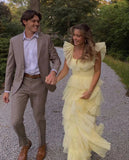 Yellow fashion square neck A-line multi-layered long tulle ball gown evening dress HZ1023