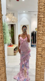 Dreamy elegant spaghetti strap pink layered ruffle maxi dress long chiffon evening gown ball gown HZ1023