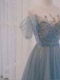 A-Line Scoop Neckline Tulle Gray Blue Long Prom Dress with Sequin HZ1023