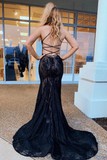 Mermaid V-neck backless lace black long ball gown evening dress HZ1023