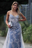 Stunning Dsuty Blue Tulle Long Formal Dress with Appliques HZ1023