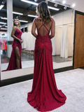 Red mermaid with slits V neck glitter long ball gown evening legislative queue dress HZ1023