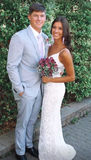 White solid color V-neck exquisite lace spaghetti straps long floor-length elegant lace ball gown evening dress party dress gh2878 HZ1023